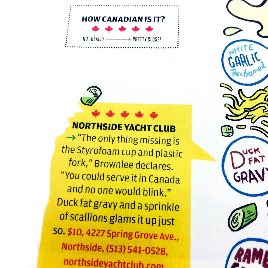 Cincinnati Magazine poutine taste test clipping — Northside Yacht Club rated five maple leaves out of five