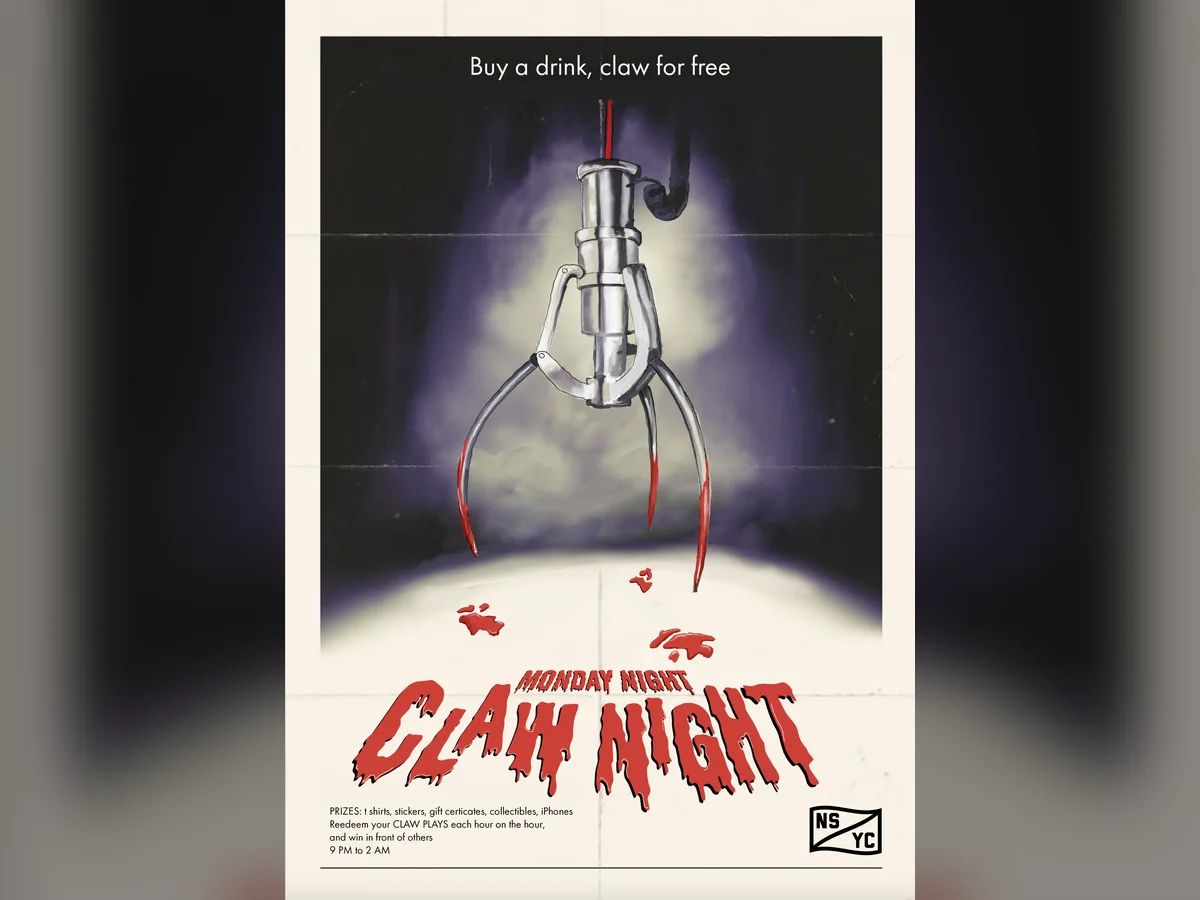 Monday Night Claw Night poster — a bloodied arcade claw descending in a spotlight