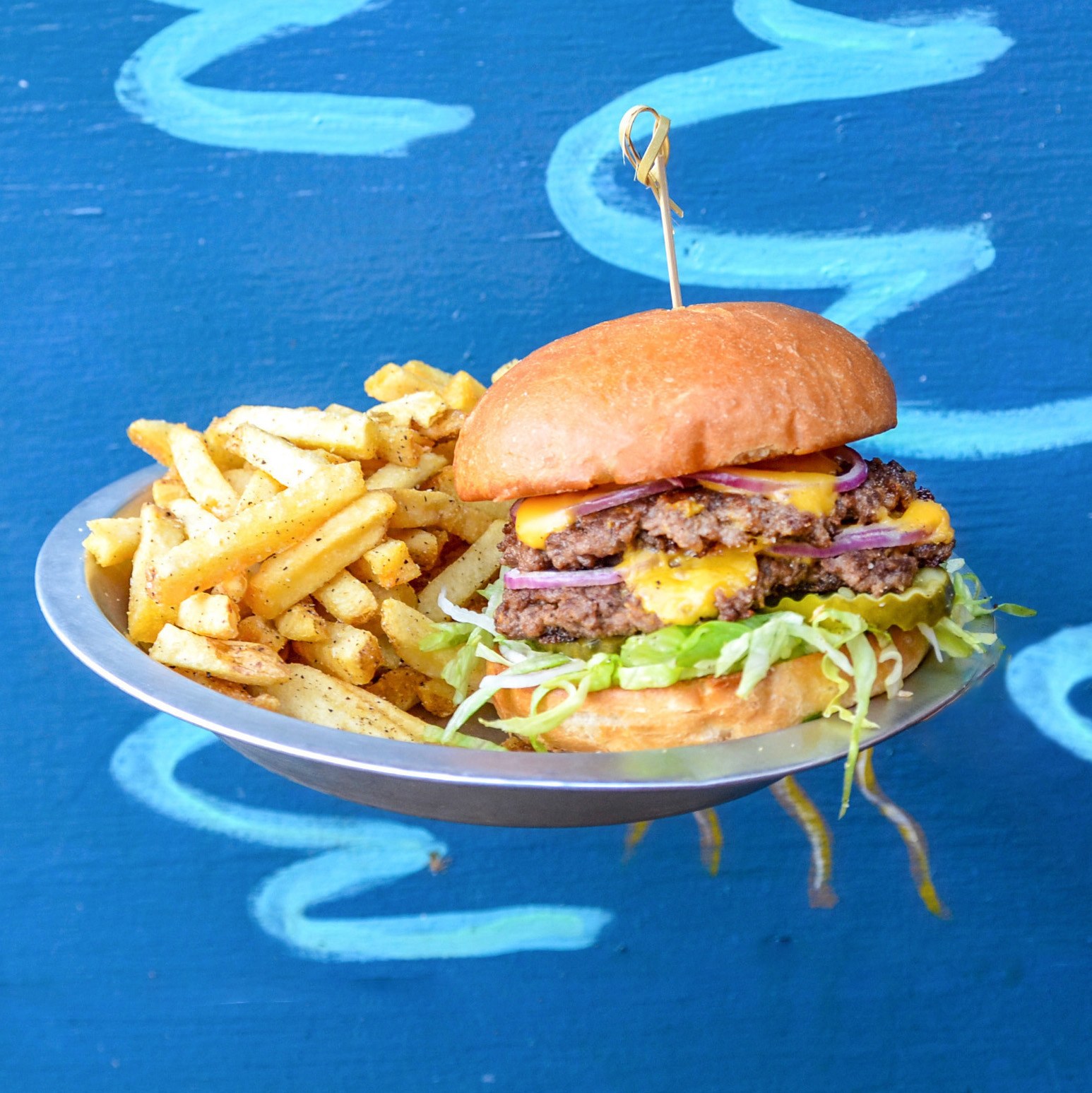 NSYC double smash burger with hand-cut fries — Guy Fieri pick