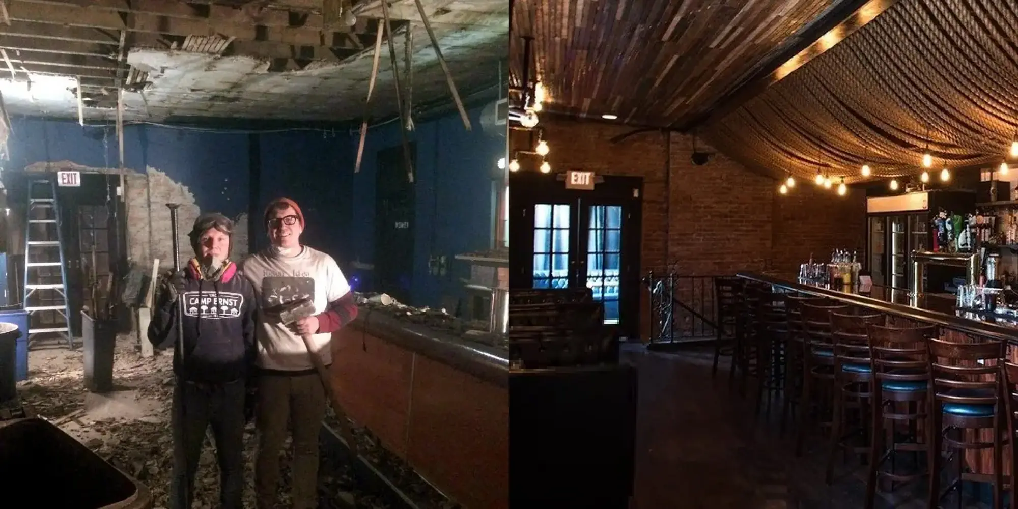 Before and after: Jon and Stu mid-demolition in the gutted bar, and the same room finished — rope ceiling, string lights, and all