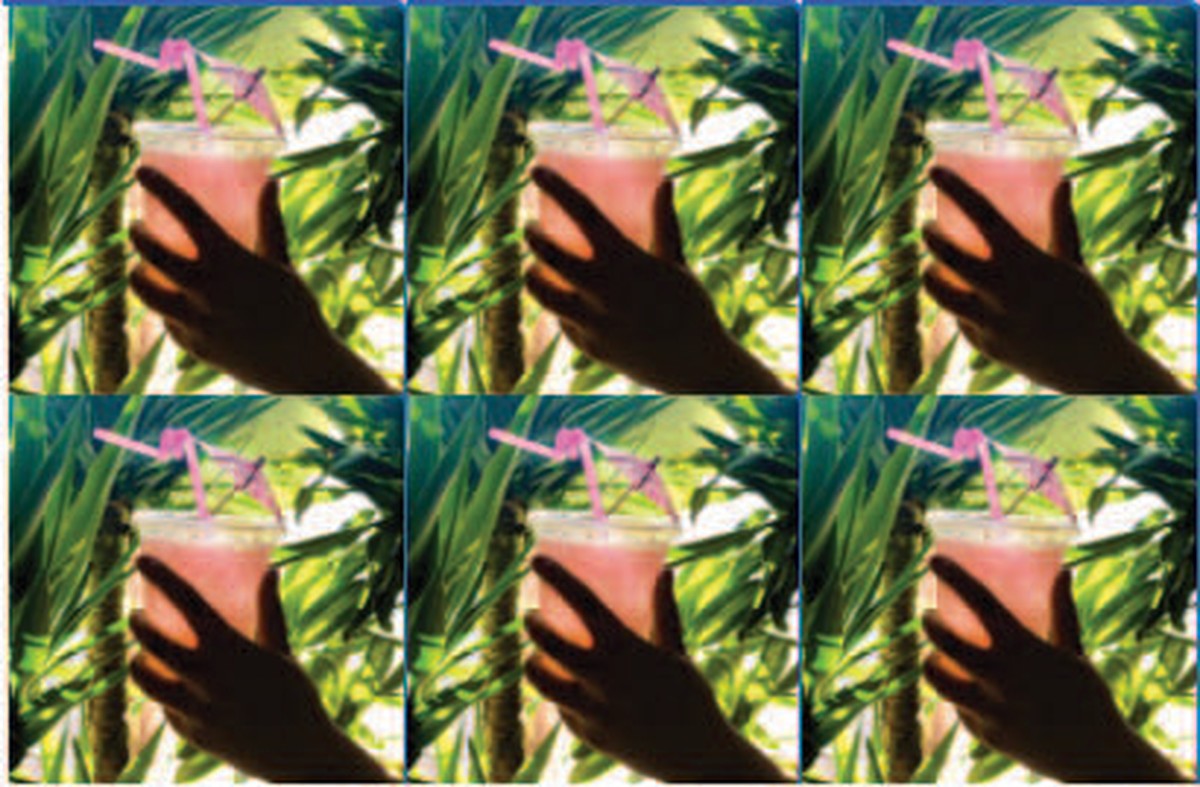 Super Paloma cocktail — six-panel tiled portrait, held up to the sunlight