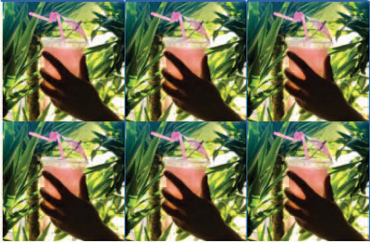Super Paloma cocktail — six-panel tiled portrait, held up to the sunlight