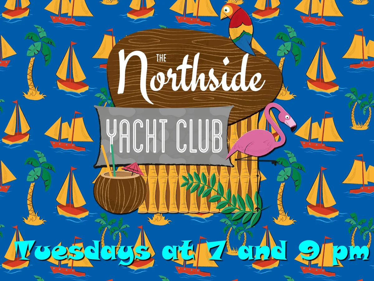 Northside Yacht Club Trivia Tuesday artwork — tiki sign, flamingo and parrot, Tuesdays at 7 and 9pm